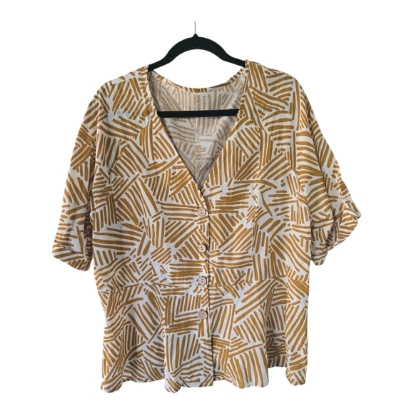 SHEIN Blouse Womens 2X Mixed Print Tropical Wooden Detail Buttons Flare … - Picture 1 of 11